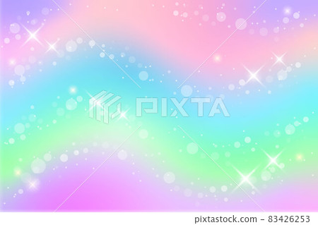 Rainbow fantasy background. Holographic illustration in pastel colors. Multicolored sky with stars and bokeh. 83426253