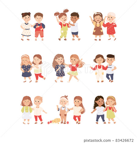 Little Kids Supporting and Comforting Crying Friend Vector Set Little Kids Supporting and Comforting Crying Friend Vector Set 83426672