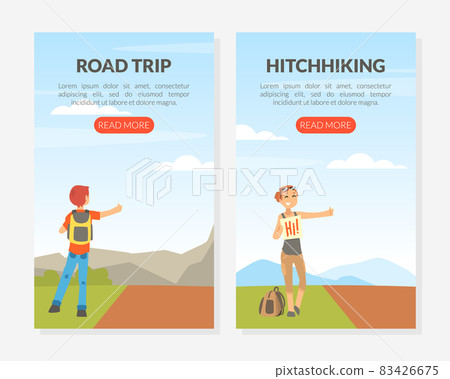 Hitchhiking or Thumbing with Man and Woman Character Stopping Car for Travelling Vector Landing Page Template Hitchhiking or Thumbing with Man and Woman Character Stopping Car for Travelling Vector Landing Page Template 83426675
