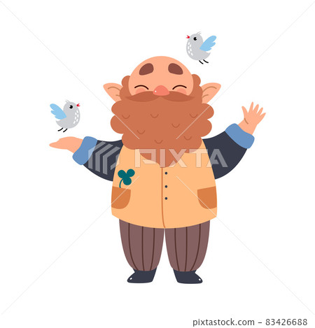 Cute Gnome Character with Beard Standing with Birds Fluttering Around Vector Illustration 83426688
