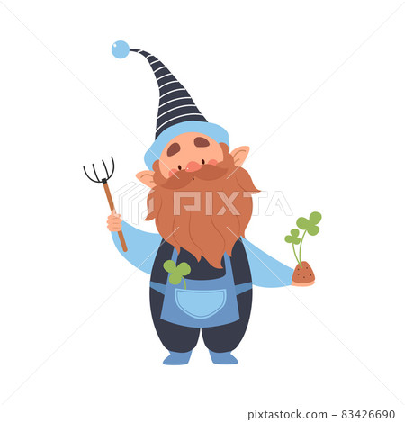 Cute Gnome Character with Beard in Pointy Hat with Rake and Trifoil Plant Vector Illustration Cute Gnome Character with Beard in Pointy Hat with Rake and Trifoil Plant Vector Illustration 83426690