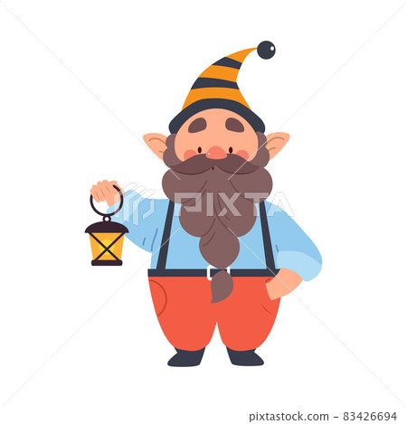 Cute Gnome Character with Beard in Pointy Hat Holding Lantern Vector Illustration 83426694