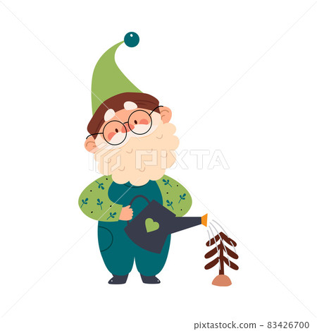 Cute Gnome Character with Beard in Pointy Hat Watering Tree Vector Illustration. Cute Gnome Character with Beard in Pointy Hat Watering Tree Vector Illustration. 83426700