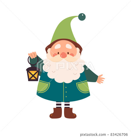 Cute Gnome Character with Beard in Pointy Hat Holding Lantern Vector Illustration 83426706