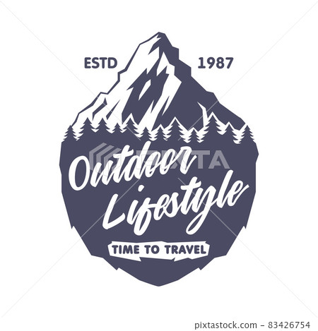 Outdoor Adventure and Hiking Tourism Logo with Black Forest and Mountain Silhouette Vector Template Outdoor Adventure and Hiking Tourism Logo with Black Forest and Mountain Silhouette Vector Template 83426754
