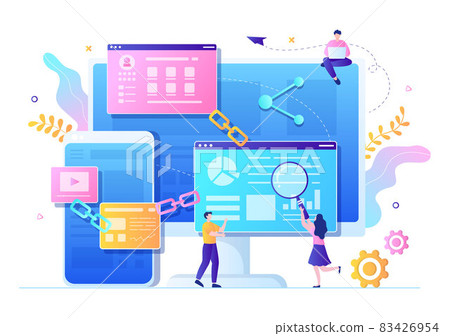 SEO Link Building as Search Engine Optimization, Marketing and Digital for Home Page Development or Mobile Applications Vector Illustration 83426954