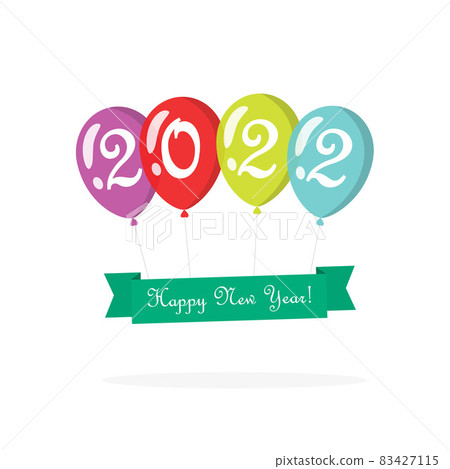 Christmas new year text with 2022 number on green ribbon and colorful balloons flying fun comic banner element isolated for child kids xmas party celebration design vector illustration Christmas new year text with 2022 number on green ribbon and colorful balloons flying fun comic banner element isolated for child kids xmas party celebration design vector illustration 83427115