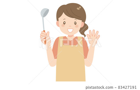 A woman in an apron with a smile in her hand - Stock Illustration ...