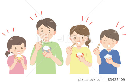 A family of four eating freshly cooked rice deliciously A family of four eating freshly cooked rice deliciously 83427409