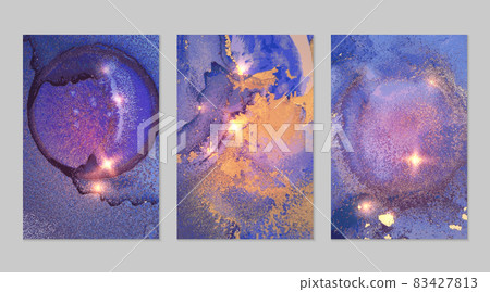 Set of marble patterns. Blue, violet and gold geode textures with glitter 83427813