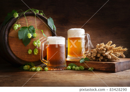 mug of beer, wheat ears, green hops and beer barrel mug of beer, wheat ears, green hops and beer barrel 83428290
