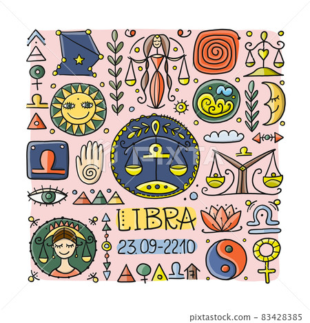 Illustration of Libra zodiac sign. Element of Air. Design of Astrology Calendar, Horoscope, Print. Illustration of Libra zodiac sign. Element of Air. Design of Astrology Calendar, Horoscope, Print. 83428385
