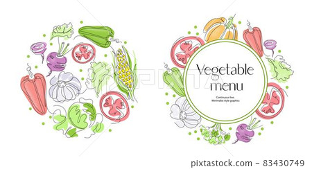 Vegetables are drawn with a single line. Round composition. Vegetarian menu. Vegetables are drawn with a single line. Round composition. Vegetarian menu. 83430749