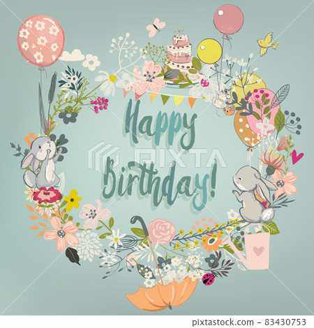 Cute Hares with Floral Wreath Cute Hares with Floral Wreath 83430753