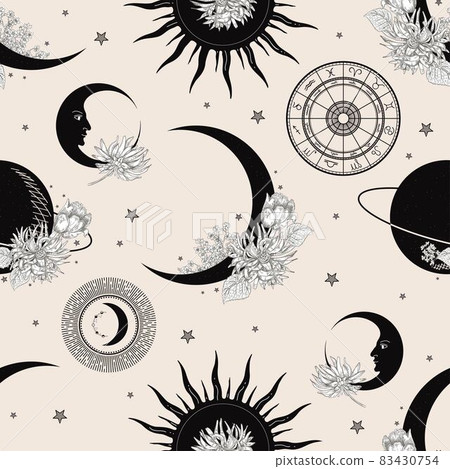Sun, crescent, planets and flowers. Black silhouettes and white flowers. Sun, crescent, planets and flowers. Black silhouettes and white flowers. 83430754