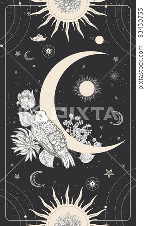 Black crescent, white flowers and a bird. Sun, moon and planets on a black background among the stars. Black crescent, white flowers and a bird. Sun, moon and planets on a black background among the stars. 83430755