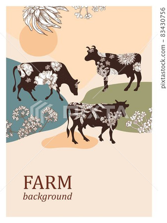 Sample brochure. Agricultural background. Brown silhouette of a cow and white flowers. Sample brochure. Agricultural background. Brown silhouette of a cow and white flowers. 83430756