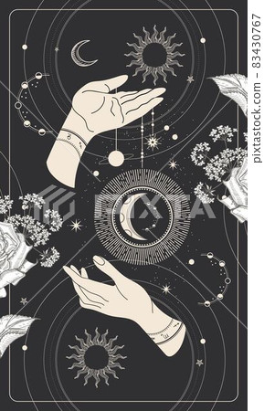 Magic drawing of the sun with a face. Tarot card, astrological illustration. Magic drawing of the sun with a face. Tarot card, astrological illustration. 83430767
