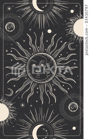 Magic drawing with the face of the sun and moon. Tarot card, astrological illustration. 83430797