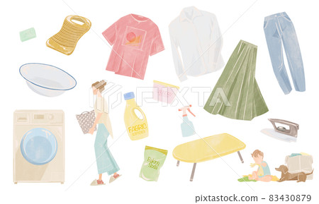 家庭主婦洗衣服的手繪水彩風格插圖 家庭主婦洗衣服的手繪水彩風格插圖 83430879