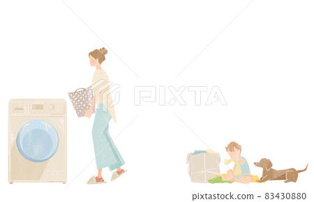 家庭主婦洗衣服的手繪水彩風格插圖 83430880