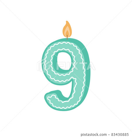 Illustration of a birthday candle number. A candle with the number 9. A green candle for the ninth birthday. Vector illustration on a white background isolated in a flat cartoon style 83430885