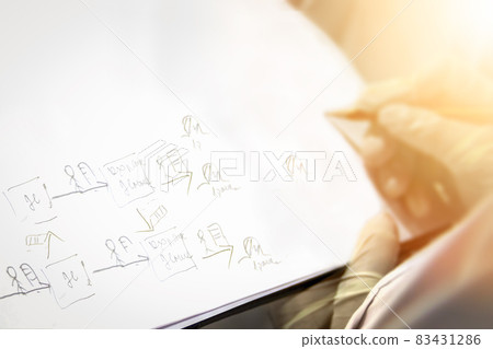 Mapping, lean manufacturing, vsm. Draws with pencil on piece of paper. Mapping, lean manufacturing, vsm. Draws with pencil on piece of paper. 83431286
