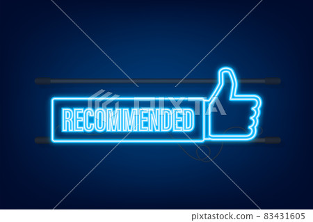 Recommend icon. White label recommended on blue background. Neon icon. Vector stock illustration.. Recommend icon. White label recommended on blue background. Neon icon. Vector stock illustration.. 83431605