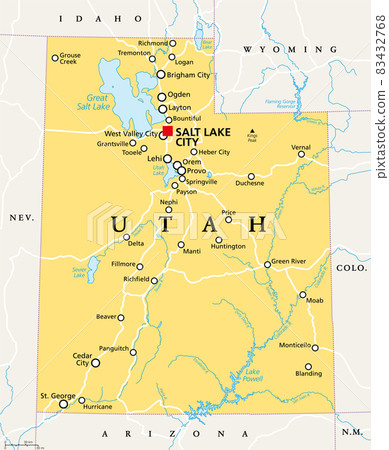Utah, UT, political map, with the capital Salt Lake City. State in the Mountain West subregion of the Western United States of America, nicknamed Beehive State, The Mormon State, and Deseret. Vector. 83432768