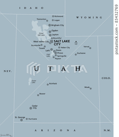 Utah, UT, gray political map, with capital Salt Lake City. State in the Mountain West subregion of the Western United States of America, nicknamed Beehive State, The Mormon State, and Deseret. Vector. 83432769