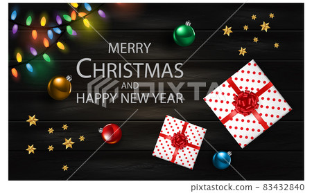 Merry Christmas and Happy New Year Gift box on black oak wood plank with text top view design for holiday festival celebration vector background 83432840