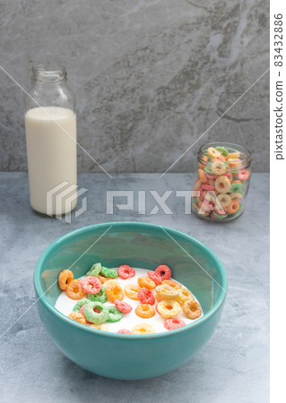 Breakfast with colored cereal served in a bowl Breakfast with colored cereal served in a bowl 83432886