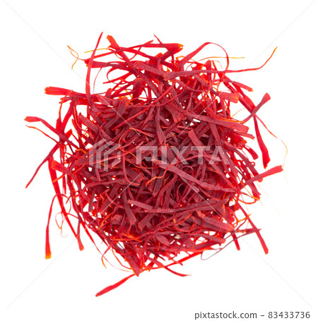 Saffron isolated on white background. Natural dry saffron threads, from crocus flowers. Clipping path. Top view. Saffron isolated on white background. Natural dry saffron threads, from crocus flowers. Clipping path. Top view. 83433736