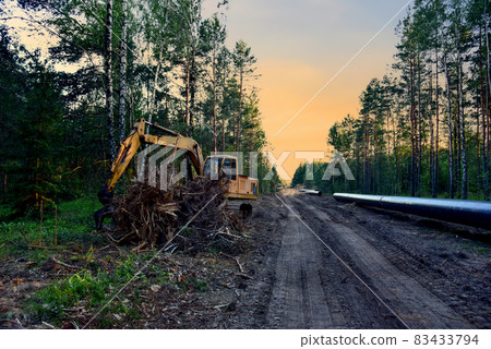 Excavator Clamp Bucket Grapple during clearing forest. Excavator Clamp Bucket Grapple during clearing forest. 83433794