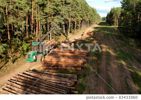 Crane forwarder machine during clearing of forested land. Crane forwarder machine during clearing of forested land. 83433860