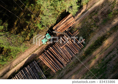 Crane forwarder machine during clearing of forested land. Crane forwarder machine during clearing of forested land. 83433866