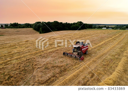 Combine harvester in wheat field on sunset. Combine harvester in wheat field on sunset. 83433869