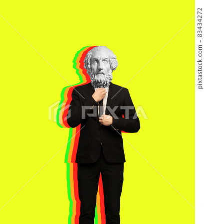 Contemporary art collage of man with antique statue head in official suit isolated over neon yellow background. Glitch effect Contemporary art collage of man with antique statue head in official suit isolated over neon yellow background. Glitch effect 83434272