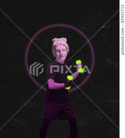 Contemporary art collage of man with antique statue head isolated over black background 83435713