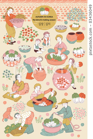 Autumn in Korea, the Kimchi-making season. Vector illustration icons set of Korean town people and family Making Kimchi.  83436049