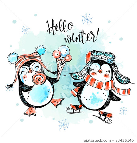 Hello winter. Funny New Year penguins in hats. New Year's card. Watercolor graphics. Vector. Hello winter. Funny New Year penguins in hats. New Year's card. Watercolor graphics. Vector. 83436140