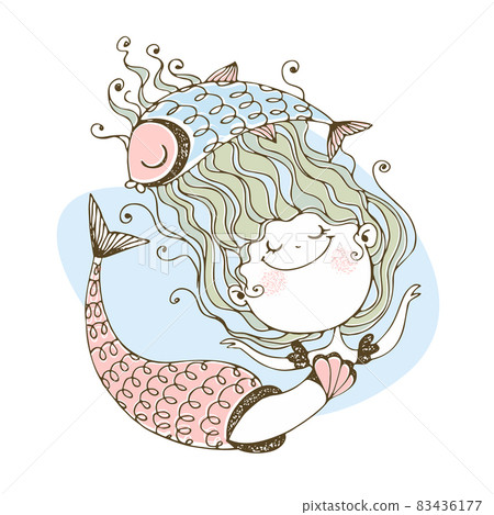 Cute little mermaid with fish. Vector illustration Cute little mermaid with fish. Vector illustration 83436177