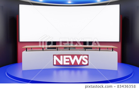 white table on stand with 3 led screen background in a news studio room.3d rendering. white table on stand with 3 led screen background in a news studio room.3d rendering. 83436358