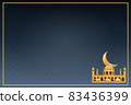 Beautiful blue Ramadan wallpaper featuring a camel, temple, and crescent moon, there is a free space for your text.Illustration. 83436399