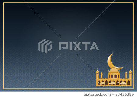 Beautiful blue Ramadan wallpaper featuring a camel, temple, and crescent moon, there is a free space for your text.Illustration. Beautiful blue Ramadan wallpaper featuring a camel, temple, and crescent moon, there is a free space for your text.Illustration. 83436399