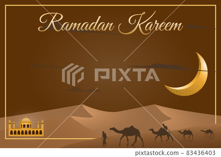 Beautiful orange Ramadan wallpaper features pilgrims with camels traveling in the desert to the temple. Behind the twilight sky and crescent moon, there is free space to put your text.Illustration. 83436403