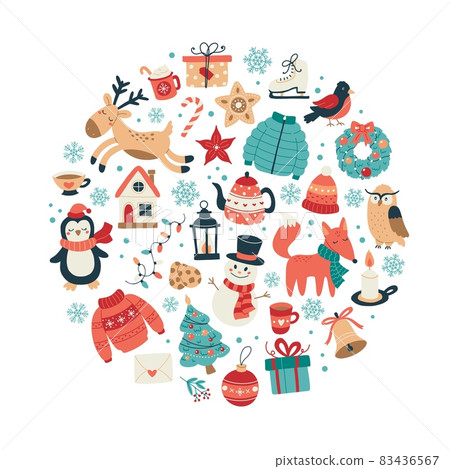 Christmas and New Year collection of cute animals and seasonal elements in circular shape. Hand drawn vector illustration 83436567