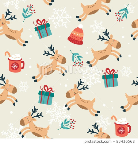 Christmas pattern with cute reindeer, gifts and cups. Festive background with hand drawn elements, vector illustration 83436568