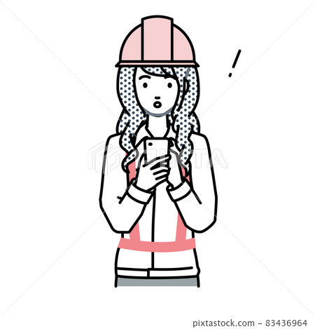 A woman at a construction site who was surprised to notice something while standing and operating a smartphone A woman at a construction site who was surprised to notice something while standing and operating a smartphone 83436964