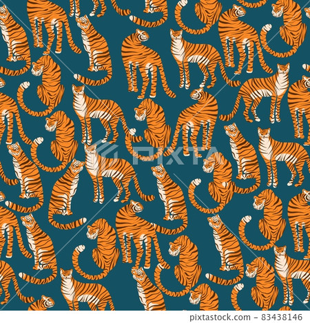 Seamless pattern with tigers. Orange predators drawn with wax crayons on a blue background. 83438146